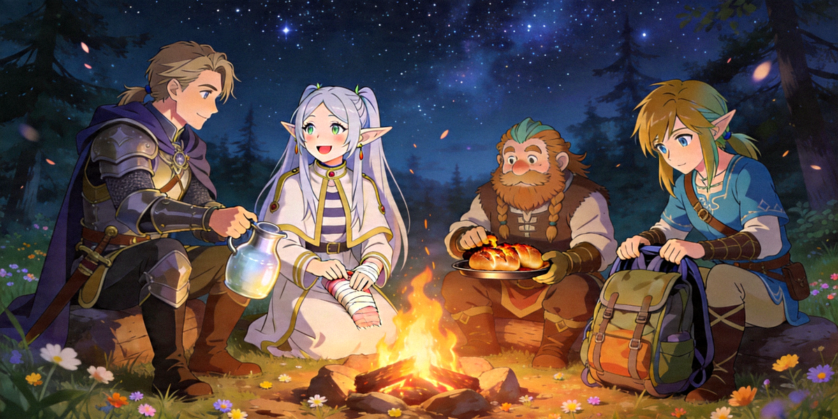 编辑精选动漫《葬送的芙莉莲》剧照，精灵法师与伙伴们在冒险旅途中的温馨时刻