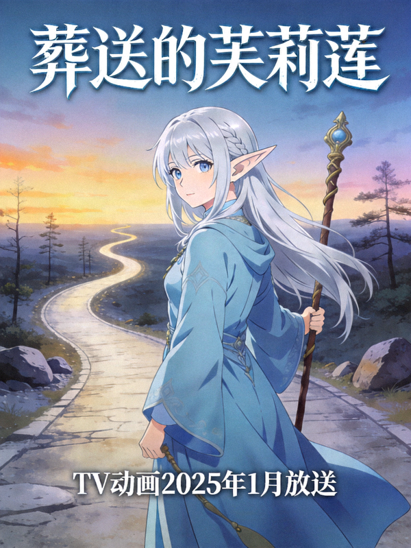 动漫《葬送的芙莉莲》海报，精灵法师芙莉莲在漫长旅途中回望