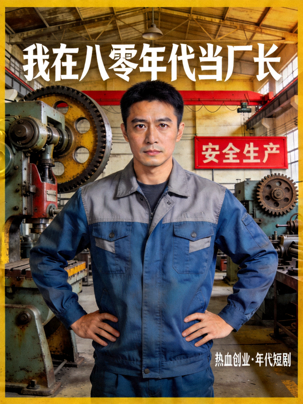 短剧《我在八零年代当厂长》宣传图，主角身穿复古工装充满干劲